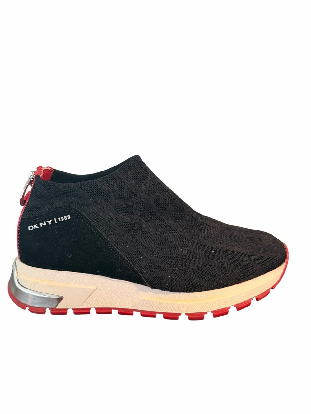 DKNY Black Red Logo Knit Sock Sneakers Zip Back Athletic Shoes 7
